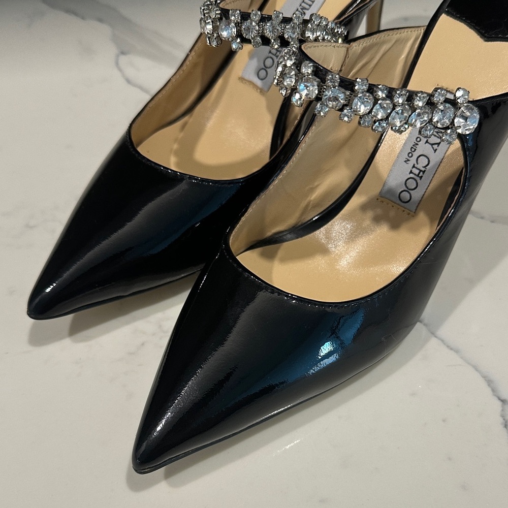 Jimmy Choo Black Patent Leather Mules with Crystal Straps - Picture 6 of 9